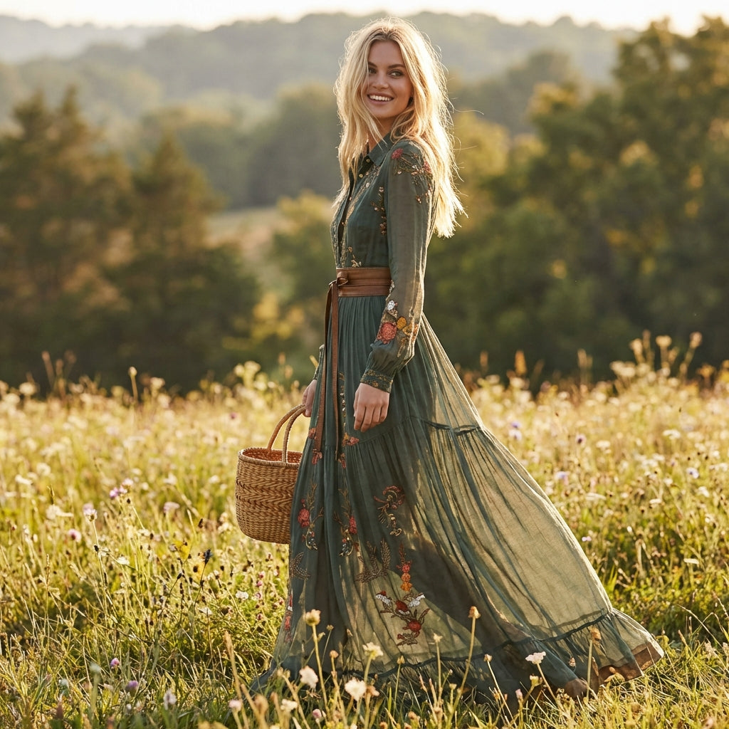 Vestido Largo Mujer Bordado Estilo Bohemio