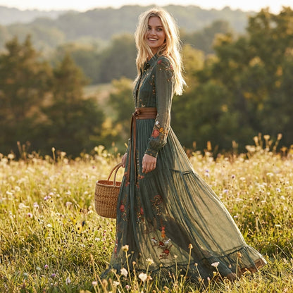 Vestido Largo Mujer Bordado Estilo Bohemio