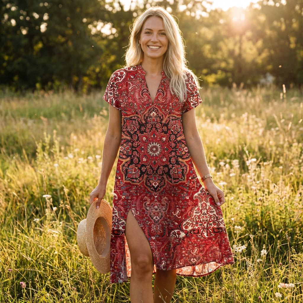 Vestido Midi Mujer Estampado Boho Escote en V