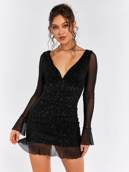 Vestido mini mujer con brillo escote en V mangas con volantes - Mavetta