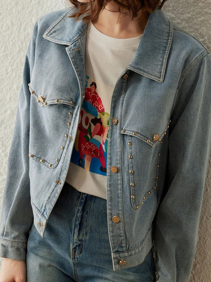 Chaqueta Vaquera Mujer Corta con Tachuelas Ajuste Regular