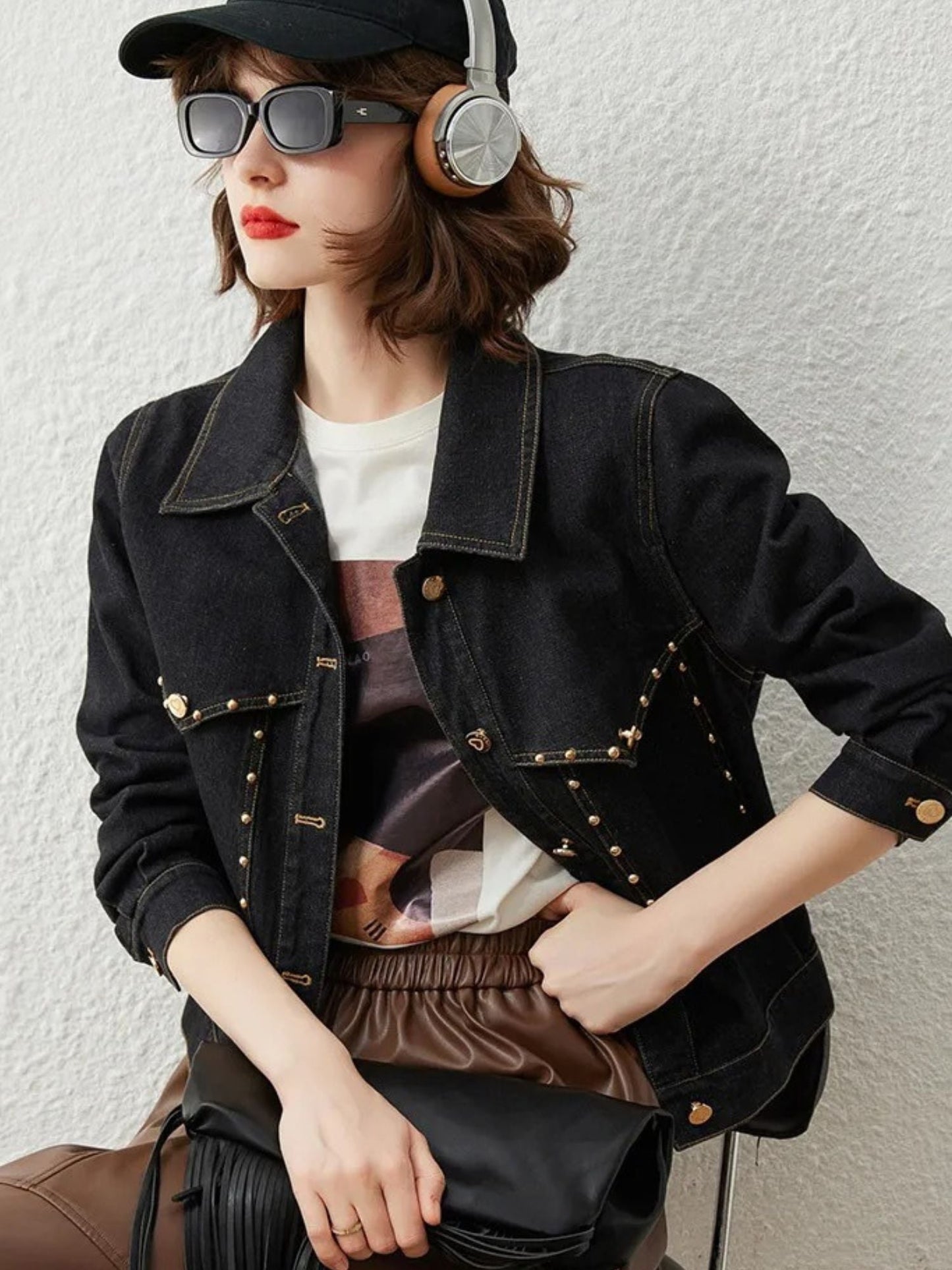 Chaqueta Vaquera Mujer Corta con Tachuelas Ajuste Regular