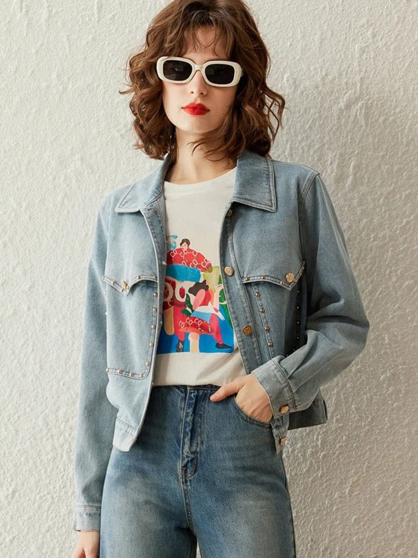 Chaqueta Vaquera Mujer Corta con Tachuelas Ajuste Regular