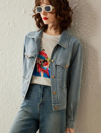 Chaqueta Vaquera Mujer Corta con Tachuelas Ajuste Regular