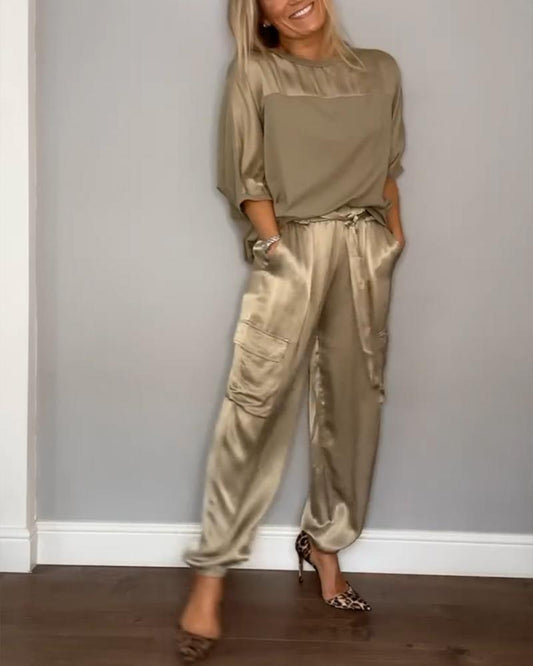 Conjunto Mujer de Satén Blusa Manga Larga y Pantalones Lazo - Mavetta