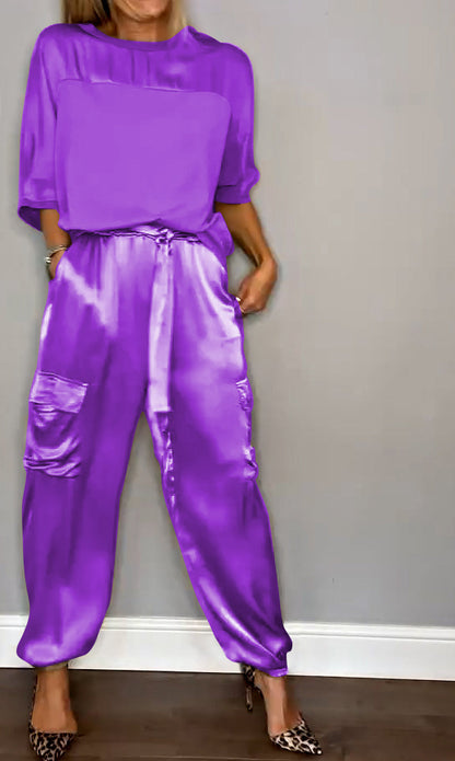 Conjunto Mujer de Satén Blusa Manga Larga y Pantalones Lazo