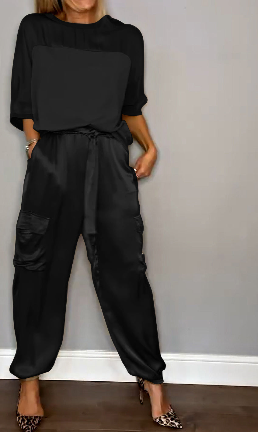 Conjunto Mujer de Satén Blusa Manga Larga y Pantalones Lazo