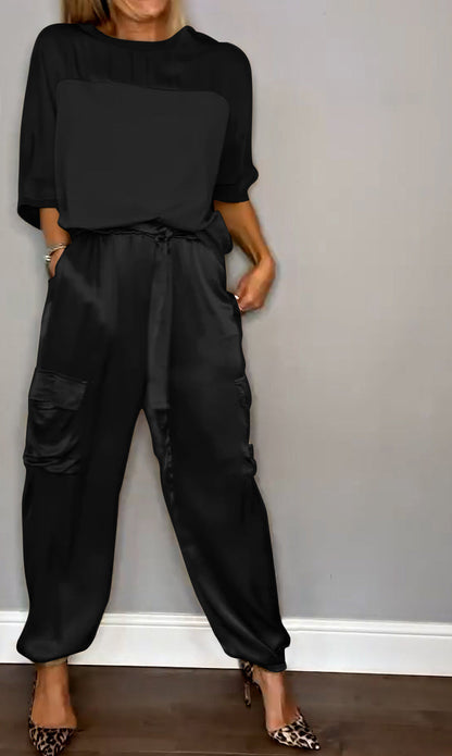 Conjunto Mujer de Satén Blusa Manga Larga y Pantalones Lazo