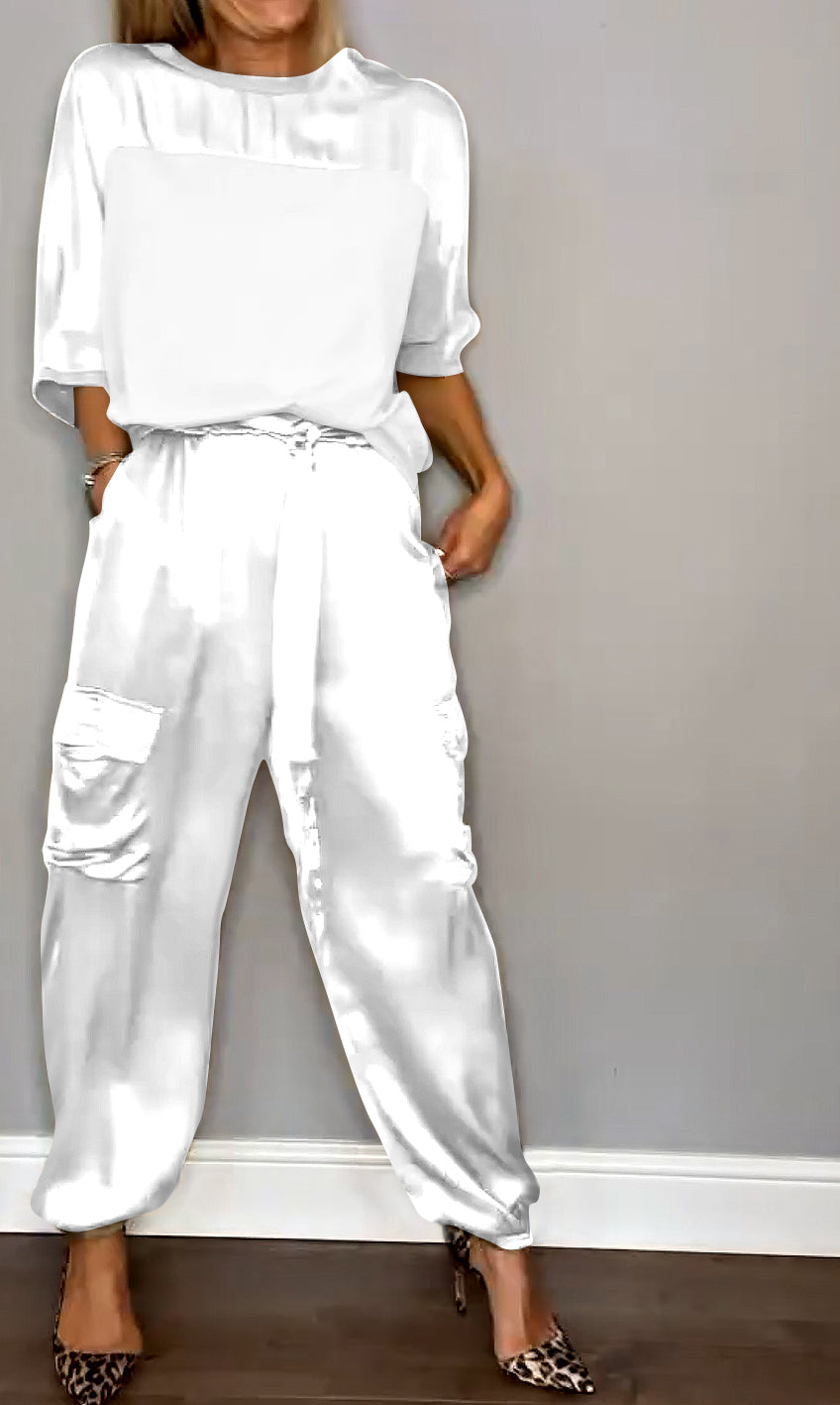 Conjunto Mujer de Satén Blusa Manga Larga y Pantalones Lazo