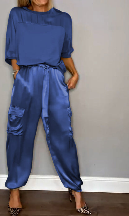 Conjunto Mujer de Satén Blusa Manga Larga y Pantalones Lazo