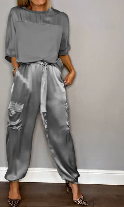 Conjunto Mujer de Satén Blusa Manga Larga y Pantalones Lazo