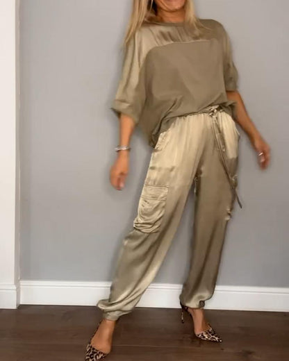 Conjunto Mujer de Satén Blusa Manga Larga y Pantalones Lazo