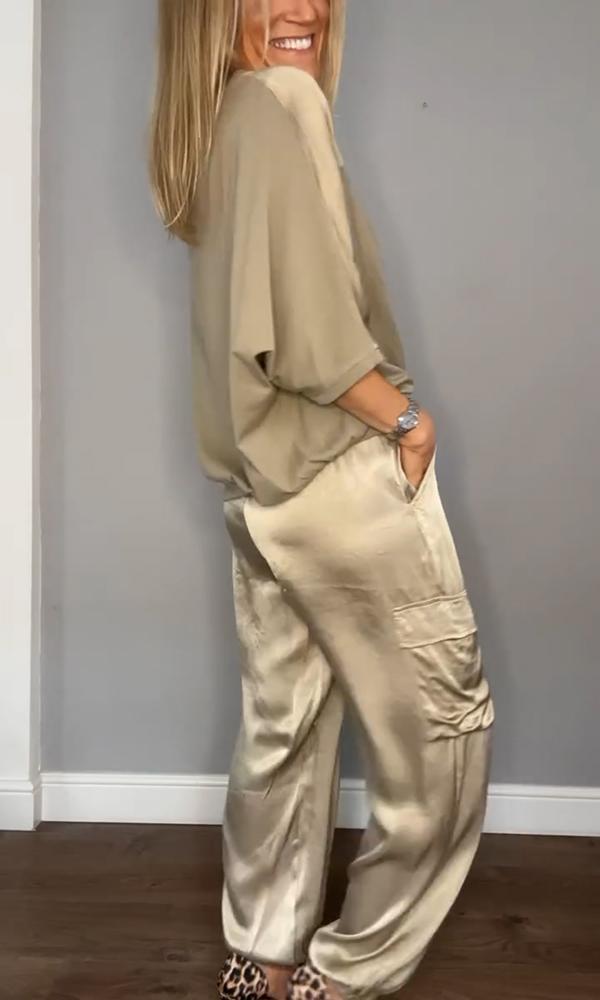Conjunto Mujer de Satén Blusa Manga Larga y Pantalones Lazo
