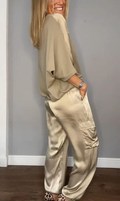 Conjunto Mujer de Satén Blusa Manga Larga y Pantalones Lazo