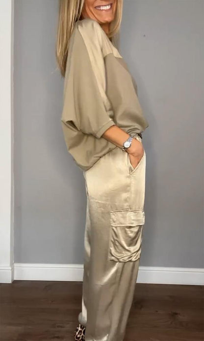 Conjunto Mujer de Satén Blusa Manga Larga y Pantalones Lazo