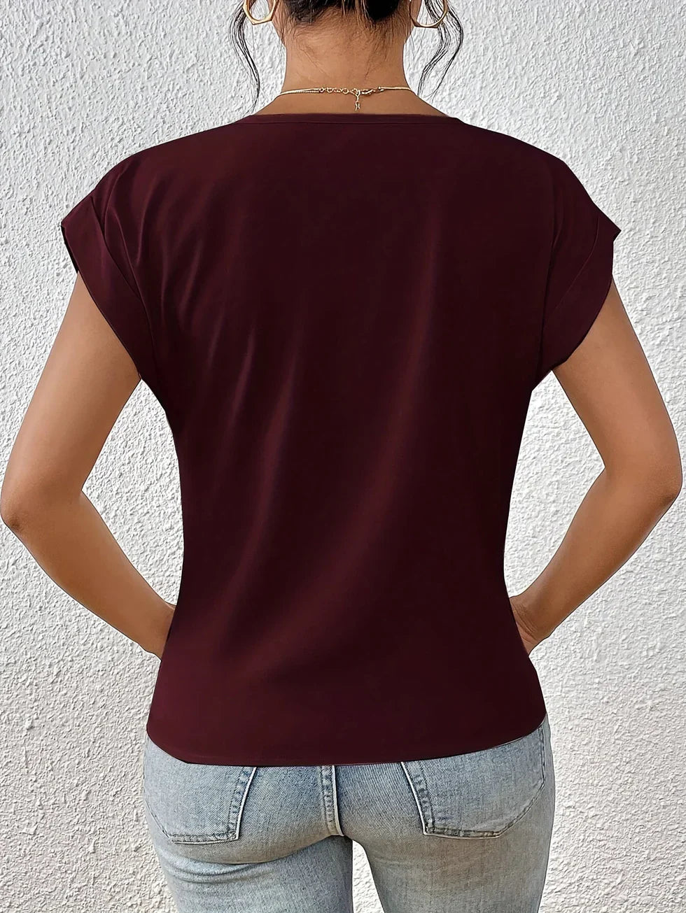 Mujer Cuello en V Fruncido Manga Corta