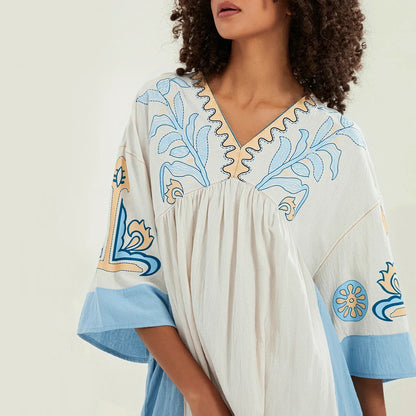 Vestido túnica mujer con bordados escote en V