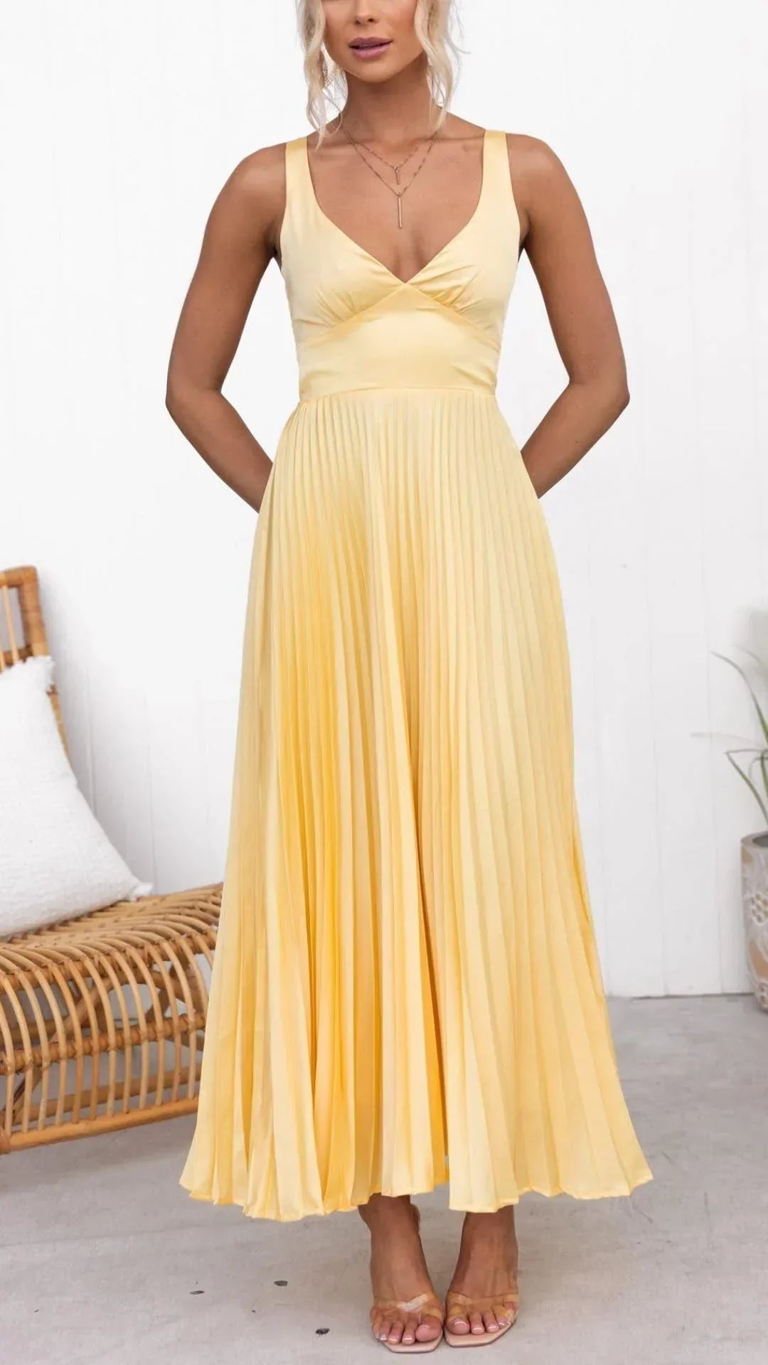 Vestido Maxi Mujer Plisado Escote en V - Mavetta
