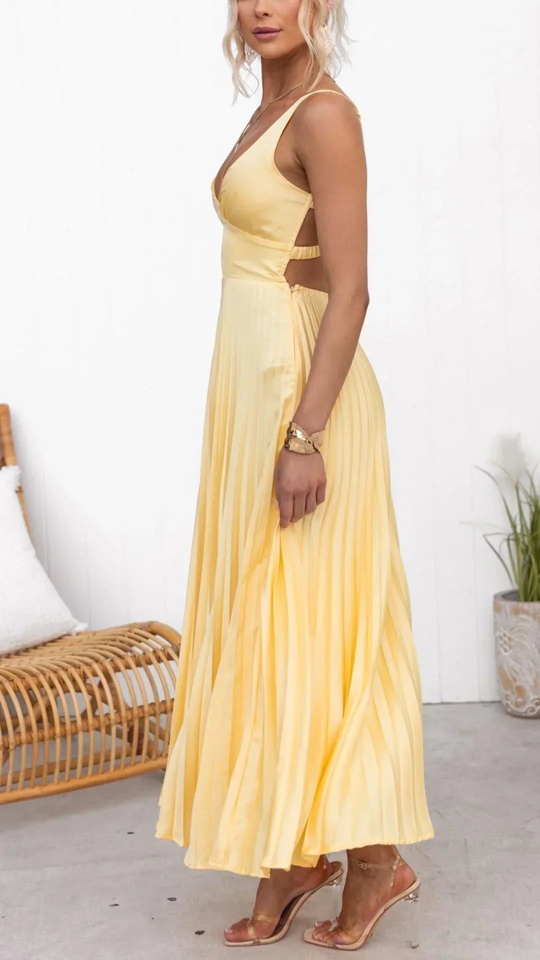 Vestido Maxi Mujer Plisado Escote en V