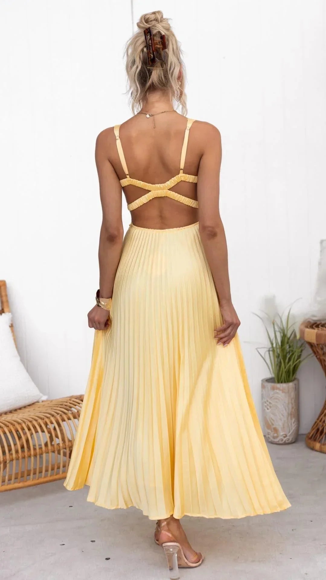 Vestido Maxi Mujer Plisado Escote en V