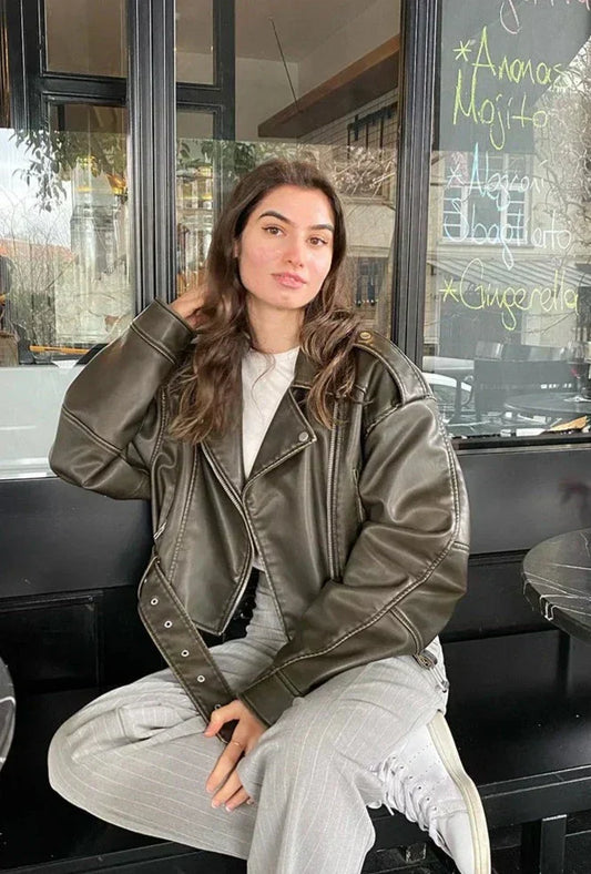 Cazadora biker mujer de polipiel oversize con cremallera - Mavetta