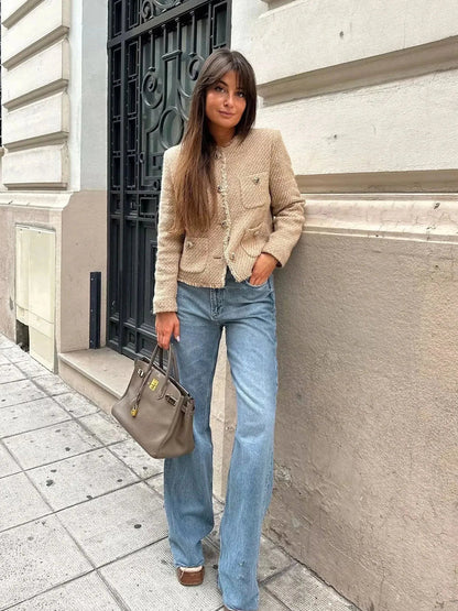 Blazer Mujer de Tweed con Bolsillos Corte Clásico