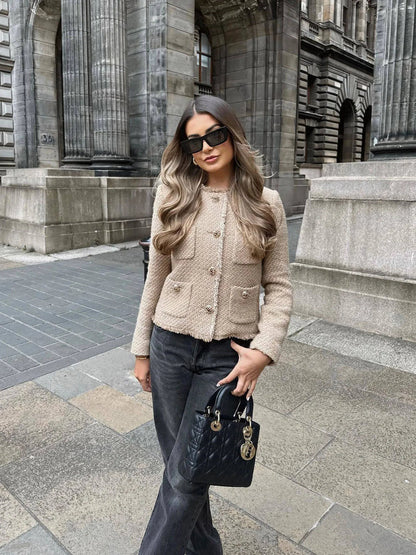 Blazer Mujer de Tweed con Bolsillos Corte Clásico
