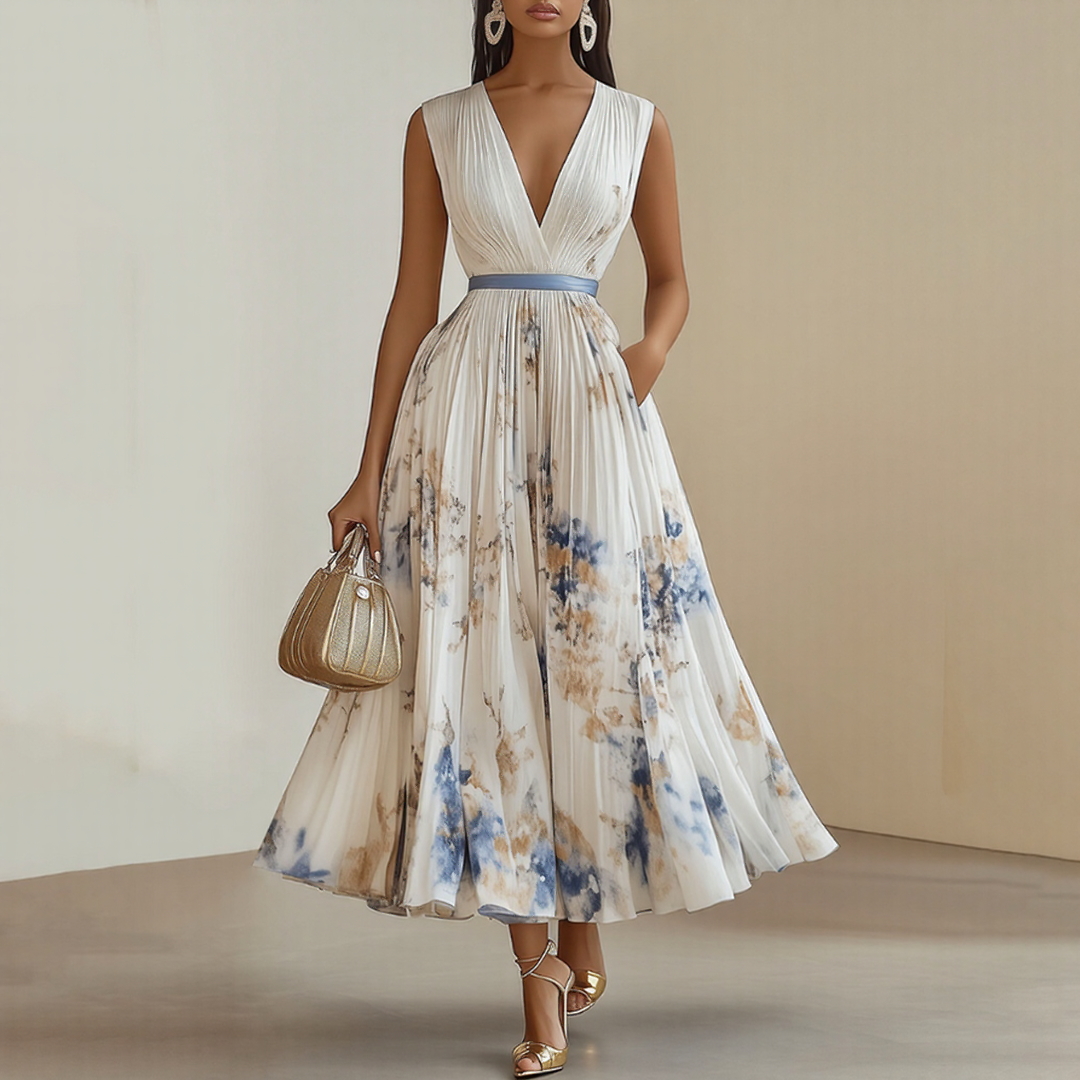 Vestido Largo Mujer Plisado Floral Escote en V