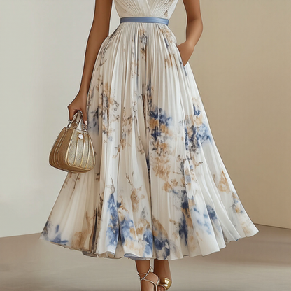 Vestido Largo Mujer Plisado Floral Escote en V