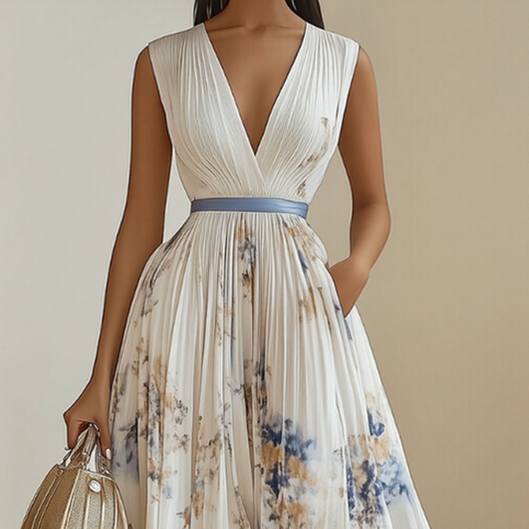 Vestido Largo Mujer Plisado Floral Escote en V