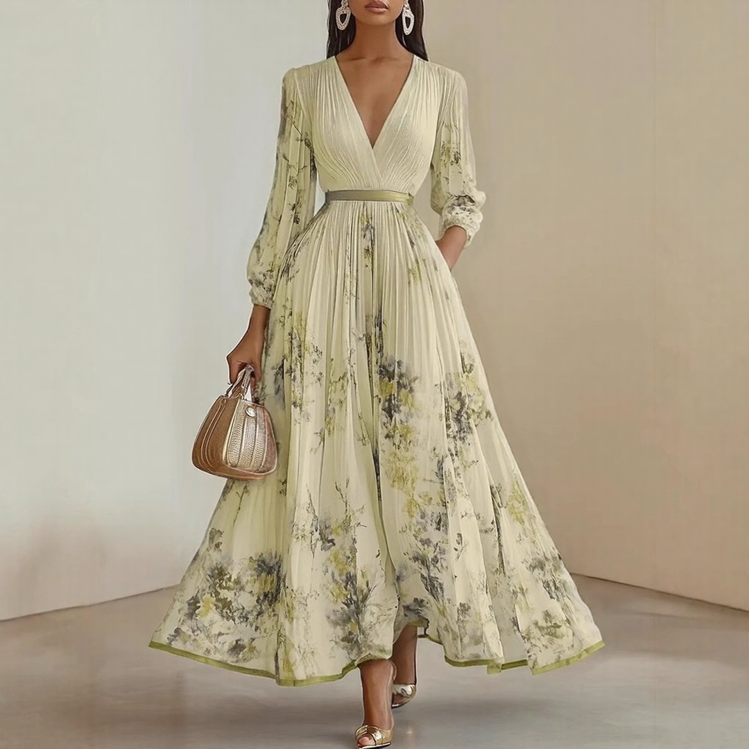 Vestido Largo Mujer Plisado Floral Escote en V
