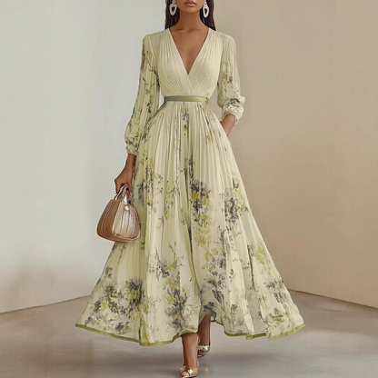Vestido Largo Mujer Plisado Floral Escote en V