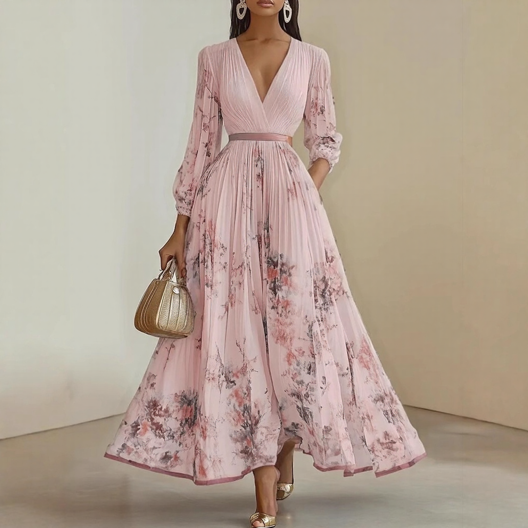 Vestido Largo Mujer Plisado Floral Escote en V