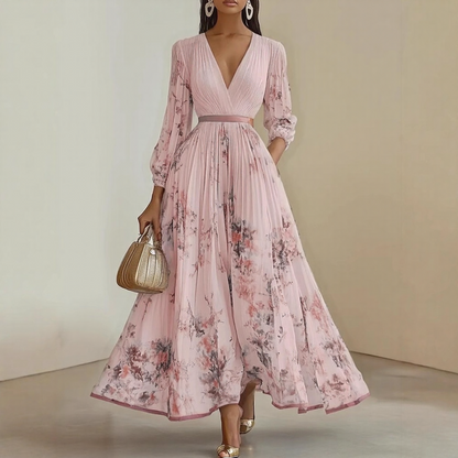 Vestido Largo Mujer Plisado Floral Escote en V