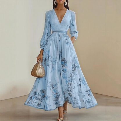 Vestido Largo Mujer Plisado Floral Escote en V