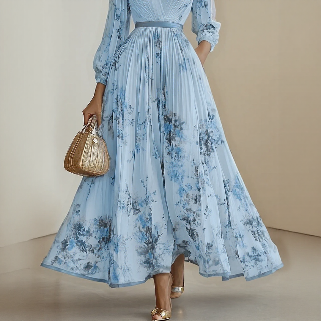 Vestido Largo Mujer Plisado Floral Escote en V