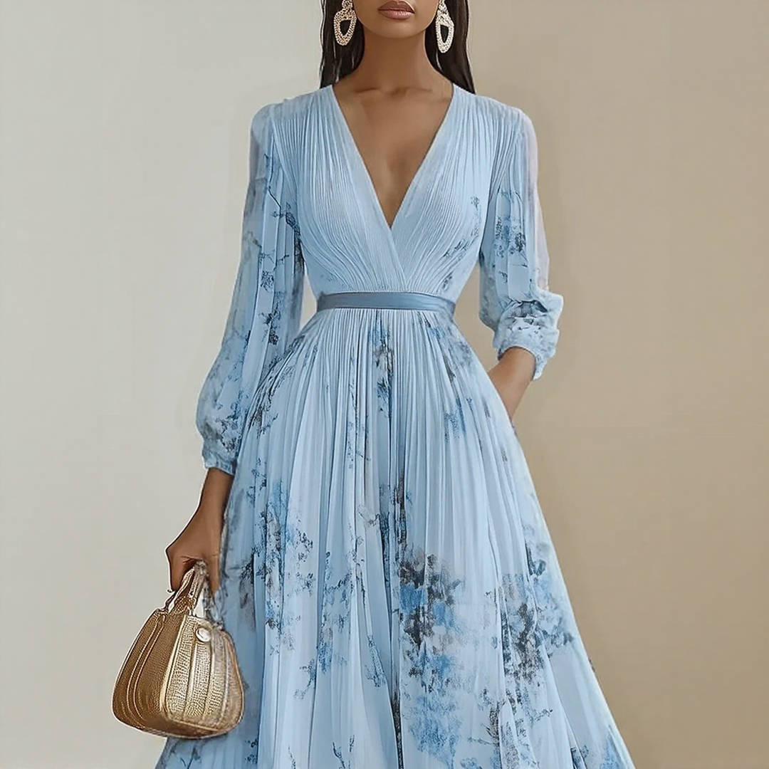 Vestido Largo Mujer Plisado Floral Escote en V