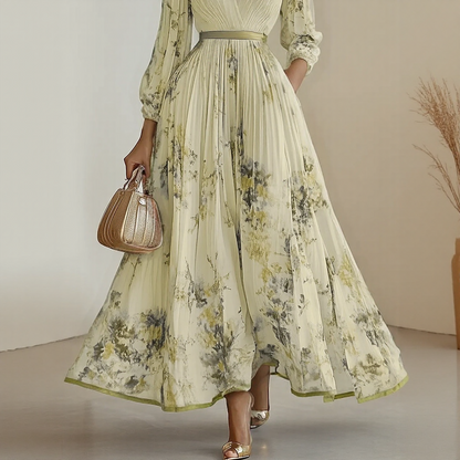 Vestido Largo Mujer Plisado Floral Escote en V