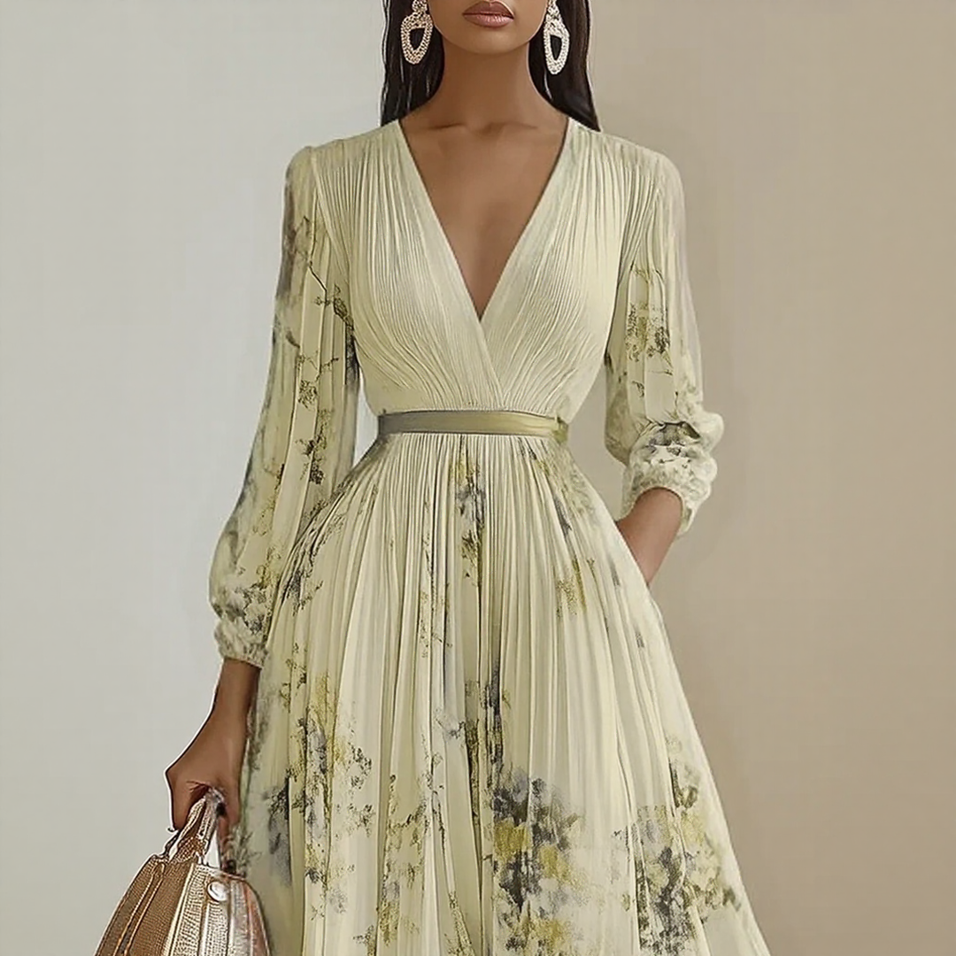 Vestido Largo Mujer Plisado Floral Escote en V