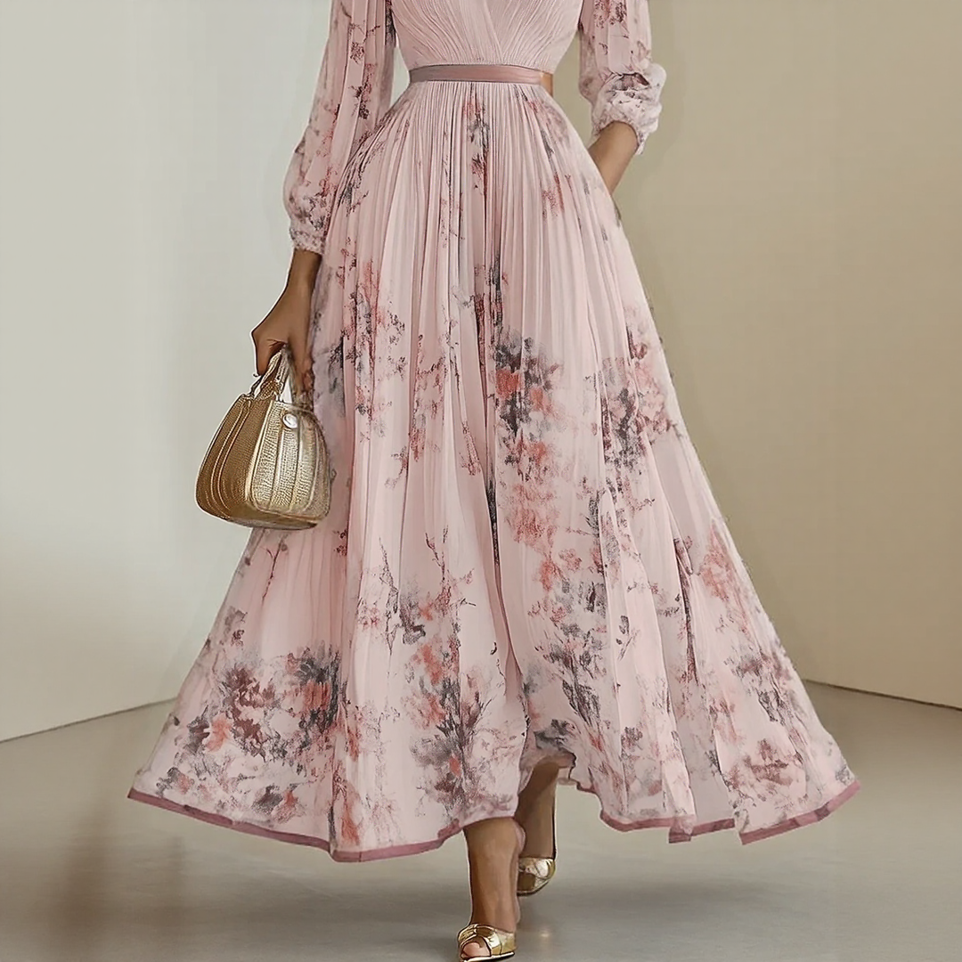 Vestido Largo Mujer Plisado Floral Escote en V