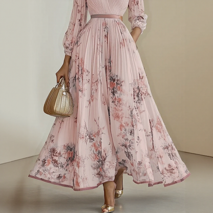 Vestido Largo Mujer Plisado Floral Escote en V