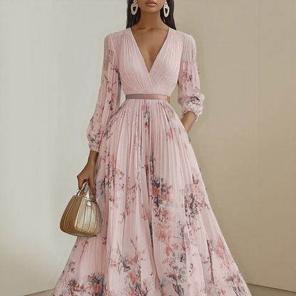 Vestido Largo Mujer Plisado Floral Escote en V