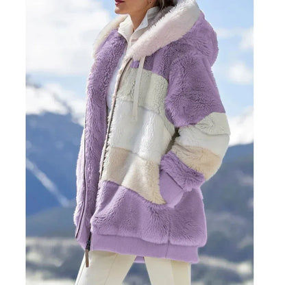 Abrigo Mujer de Peluche con Capucha y Diseño Rayado