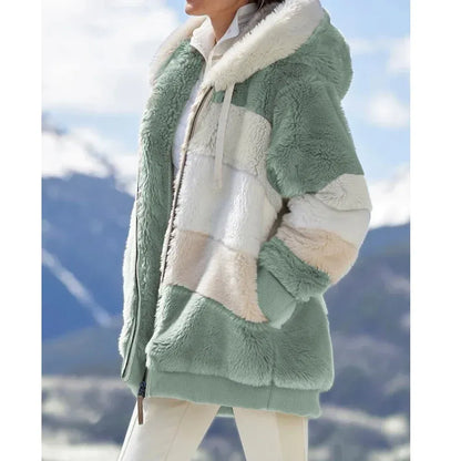 Abrigo Mujer de Peluche con Capucha y Diseño Rayado