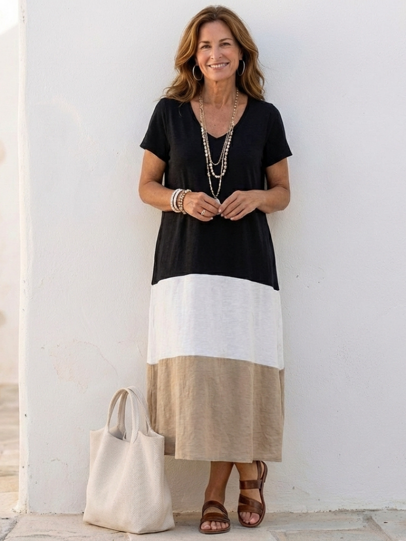 Vestido midi mujer de lino cuello en V elegante