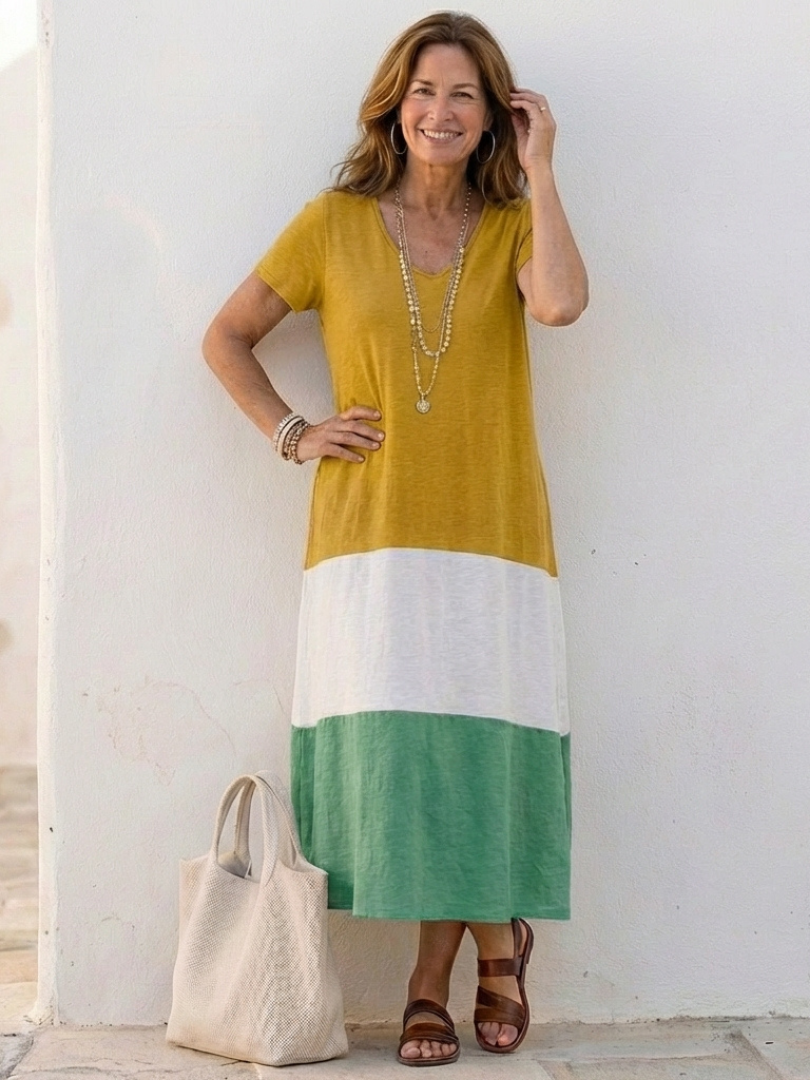 Vestido midi mujer de lino cuello en V elegante