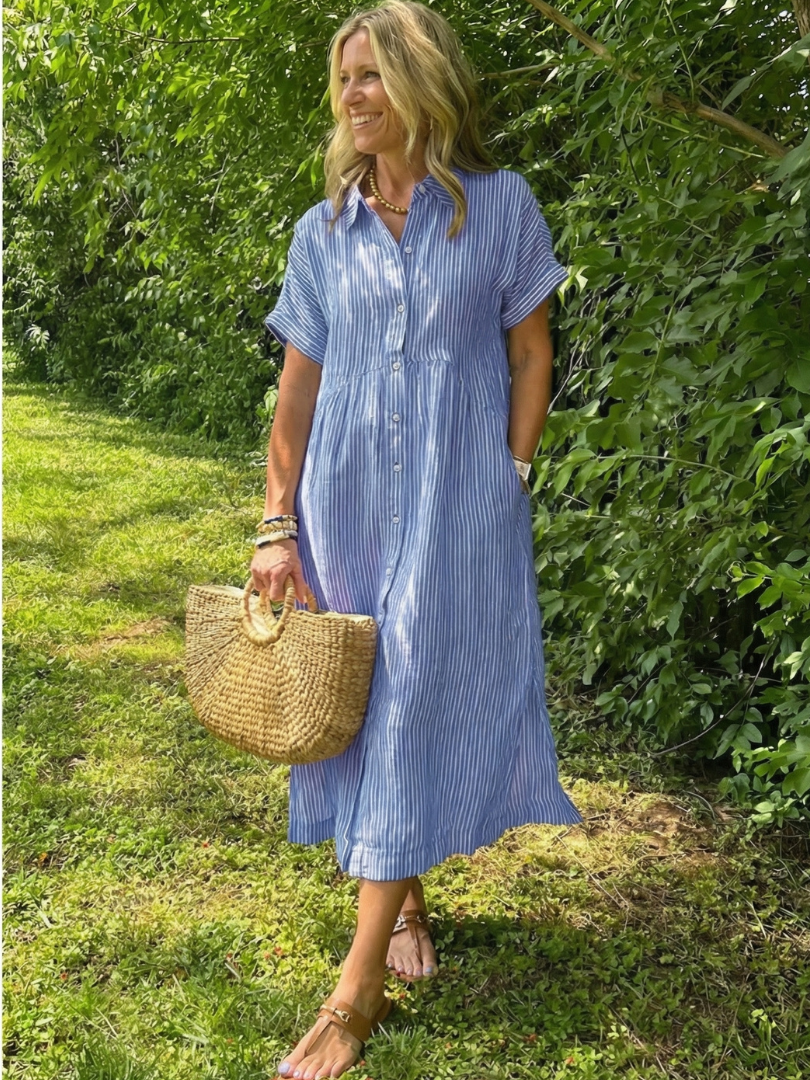 Vestido midi mujer de rayas con botones ajuste fresco - Mavetta