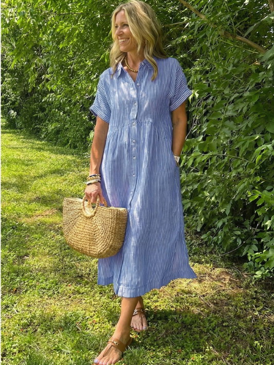Vestido midi mujer de rayas con botones ajuste fresco - Mavetta