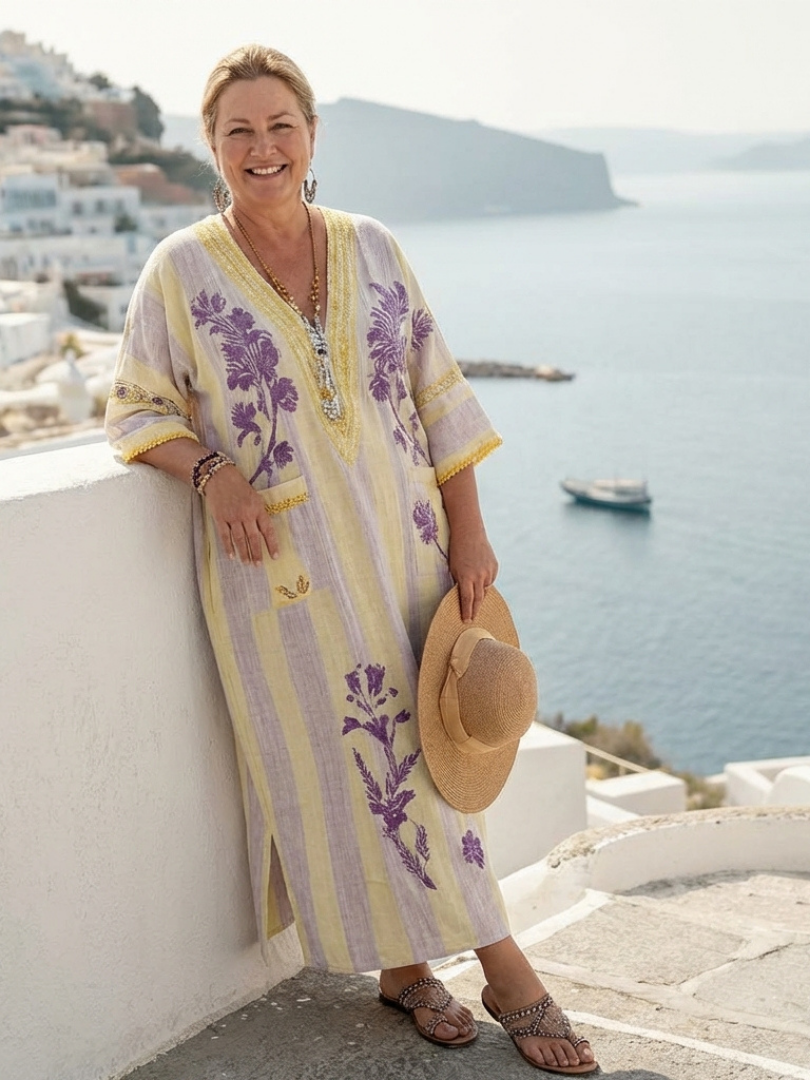 Vestido maxi mujer de tela fresca cuello en V - Mavetta