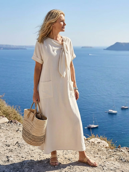 Vestido maxi mujer de lino cuello redondo fluido